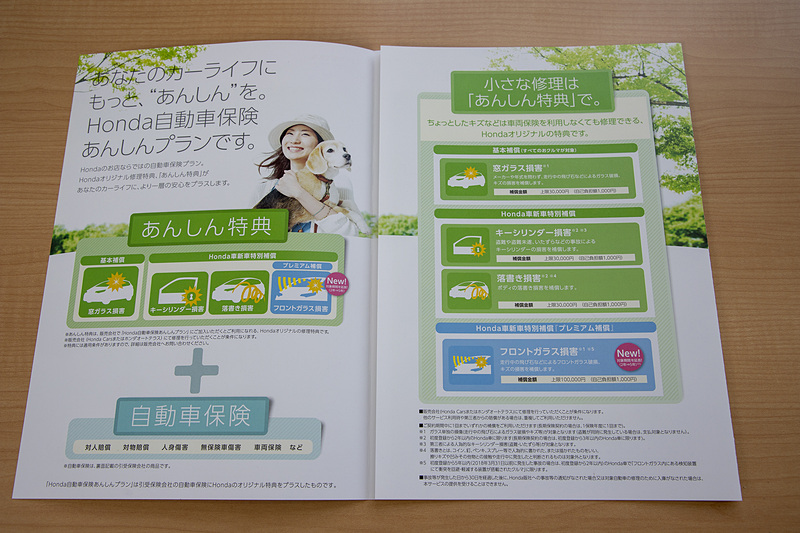 自動車保険も「Honda自動車保険」に切り替えた。決め手はあんしん特典というもので、新車のみにフロントウィンドウの損害に対する保証が付いた。N-VANはガラスが立っているので飛び石被害を受けそうだし、今どきのカメラ対応ガラスは値段も高いのでここの保証は助かる