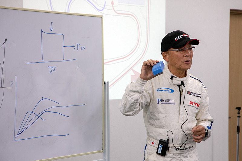 タイヤは適度な荷重を載せることでグリップ力を高める（摩擦円を大きくする）ことができると解説した日下部氏。「荷重移動は積極的に使っていくべきもので、荷重移動なしでクルマを運転しようとしても上手く運転できないでしょう」と語った