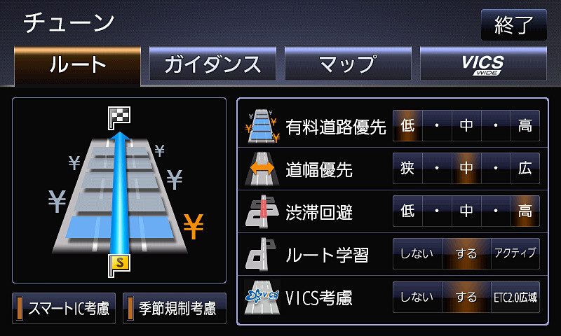 ルートチューンの違いをチェック。すべて「中」から写真のように変更すると一般道のみのルートに。使いこなすと面白そうだ