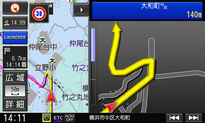 住宅街など狭い道路もキッチリ案内
