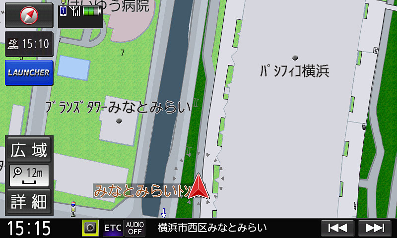 地下駐車場では90度コーナーで少し角度が足りない印象。とはいえ地上の道路にマッチングして自車位置を見失ってしまうことはなかった