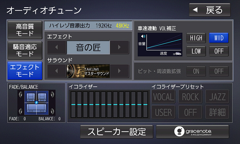 オーディオチューンメニューからは各種設定が行なえる