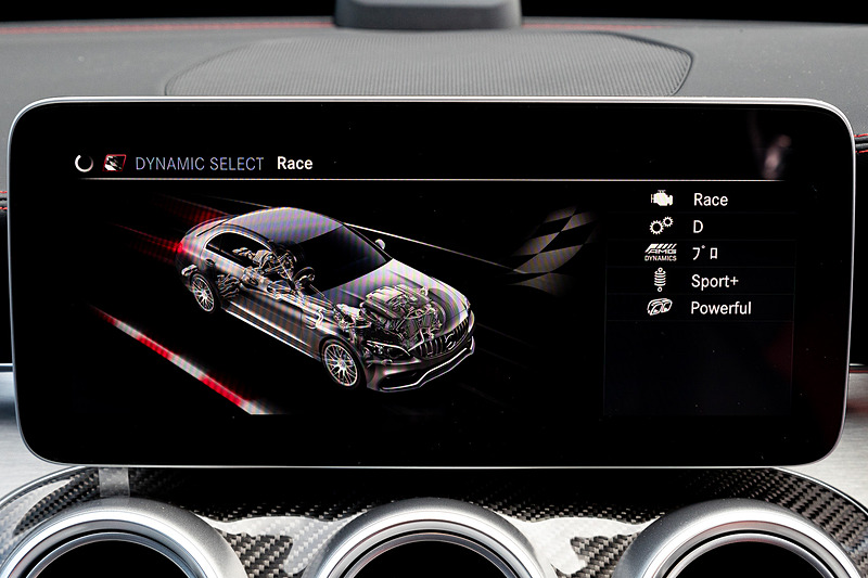 ダイナミックセレクトの走行モード。「Comfort」「Sport」「Sport＋」「Race」「Individual」「Slippery」が用意され、ステアリングの「AMGドライブコントロールスイッチ」で走行モードを選択可能