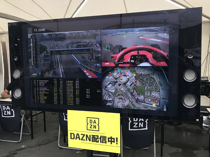 DAZNのF1 ZONEの画面は、メイン、オンボード、タイミングモニター、トラックポジションが同時に表示される