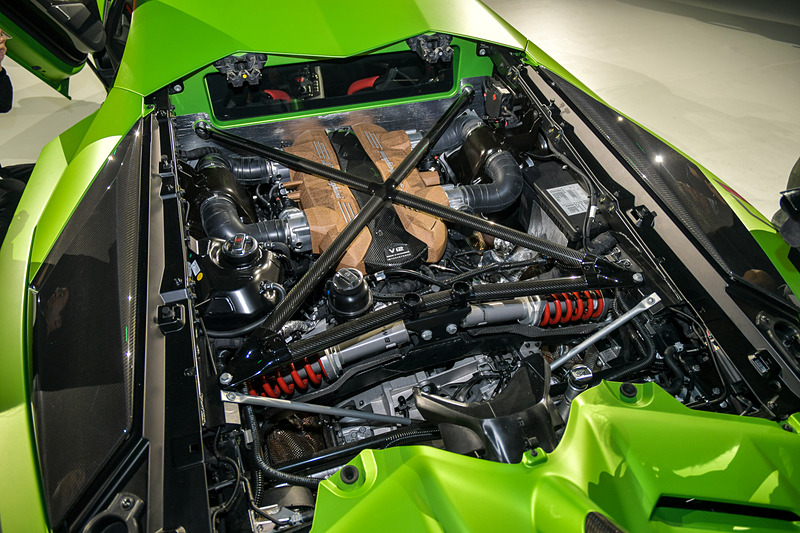 リアのエンジンカバーはSVJ用に新しく設計されたもの。軽量のカーボンファイバー製で、クイックリリースクリップで取り外せるようになっている