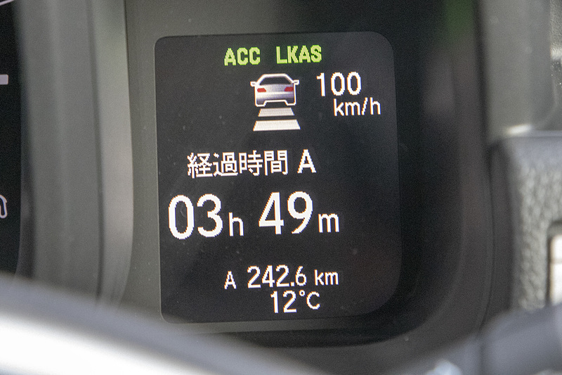 マルチインフォメーションディスプレイの上にACCやLKASの表示が出る。クルマの絵の後ろのコマが車間設定の表示。「短」「中」「長」「最長」の4段階ある。これは中の設定