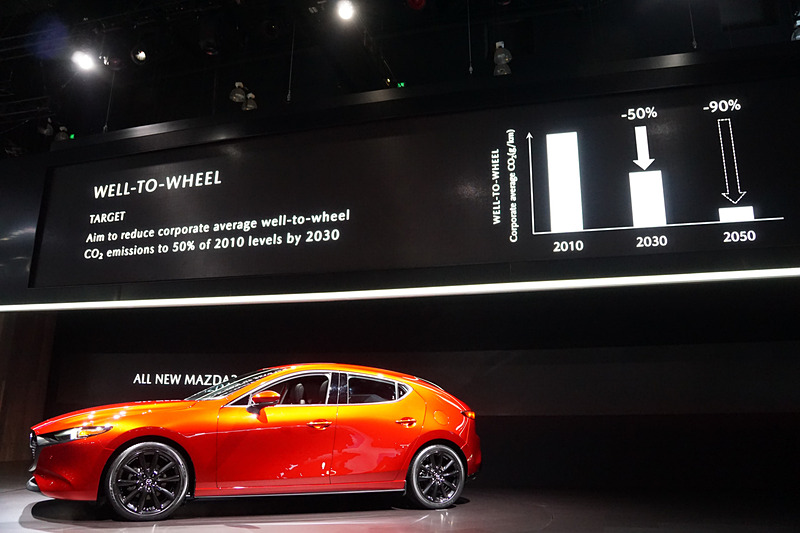 2017年にマツダは、CO2排出量をWell to Wheelで、2030年までに2010年比50%削減を目指すことを公表しており、丸本氏は「理想的な内燃機関に組み合わせたHybrid、Plug-in hybrid、さらにはEVとローターリーエンジンを活用したレンジエクステンダーを搭載するEVを地域の特性に合せて導入し、この目標を達成してまいります」と語った