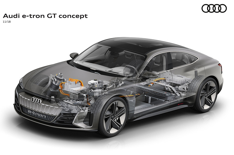 フロア下にレイアウトしたリチウムイオンバッテリーから電力供給され、前後に搭載したPMモーターでシステム合計434kW（590HP）を発生。トルクベクタリング付きの4WDシステムも活用して高いコーナーリング性能を実現する