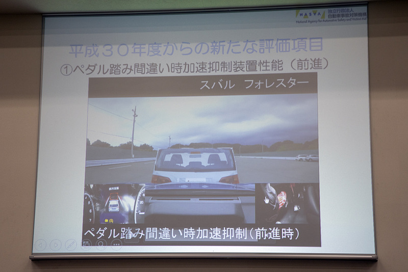 ペダル踏み間違い時加速抑制装置性能ついて説明するスライド。1つ目はペダル踏み間違い時加速抑制装置性能（前進）。試験方法は停車状態からアクセルを全開にする。そしてぶつからないか、もしくはぶつかっても減速していたかを評価する
