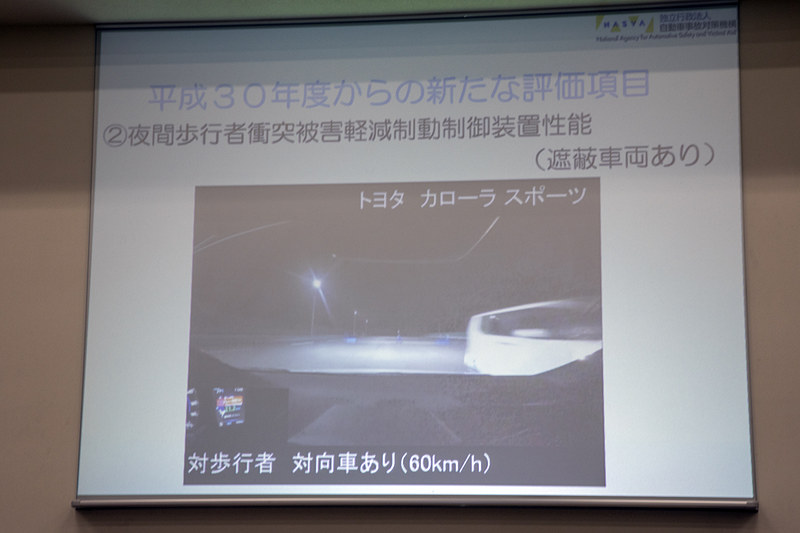 もう1つはライトを付けた対向車が影になって歩行者の渡り始めが確認できない状態。道路の明るさは同じ。速度は60km/h