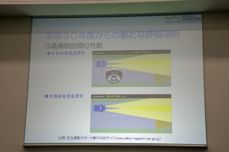 2018年度から追加された評価項目の3つ目は高機能前照灯性能。いわゆるオートハイビームの性能を評価するもの。試験は行なわず書類による評価となる