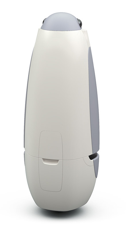 円筒スタイルのボディは高さ1050mmで重量21.5kg。移動の最高速は6km/hと、人の早歩きぐらいの速度に設定されている