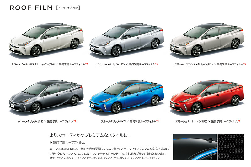 ボディカラー6色では「幾何学調ルーフフィルム」をオプション設定（5万4000円～7万5600円高）