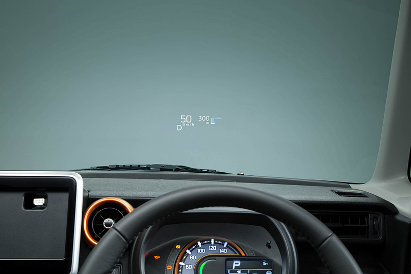 「フロントガラス投影式ヘッドアップディスプレイ」は「全方位モニター用カメラパッケージ」に含まれ、「全方位モニター3Dビュー機能」「標識認識機能（進入禁止）」とともにマツダの軽自動車初採用となる