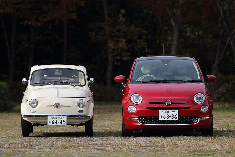 新旧500を並べてみたところ。新500のツインエアのボディサイズは3570×1625×1515mm（全長×全幅×全高）、ホイールベースは2300mmと十分にコンパクトサイズのモデルだが、こうして見ると旧500の小ささがお分かりいただけるだろう