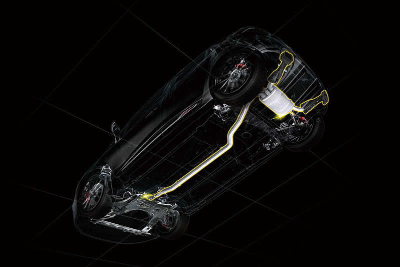 アクラポヴィッチとルノー・スポールが共同開発した「チタン×ステンレスコンポジットマフラー」を搭載。3kgの軽量化と最高回転領域での出力が約2馬力（参考値）向上した