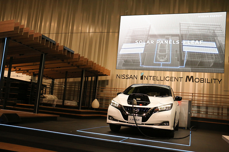 家の屋根に設置した太陽光パネルで発電した電気をリーフに充電し、状況に応じて家庭内で使うさまざまな家電製品に電力供給するイメージを紹介。洗濯機やドライヤー、IHクッキングヒーターといった大きな電力を必要とする家電製品を複数利用しても問題が起きないことをアピール