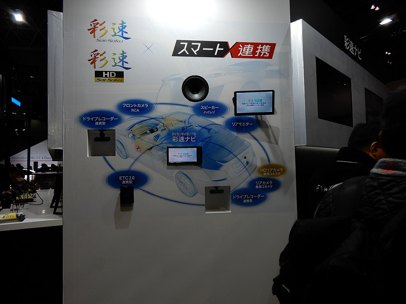 ケンウッドは彩速ナビをコアに前後カメラやハイレゾそしてETC 2.0などをトータルで操作できる「スマート連携」をコンセプトに展示する