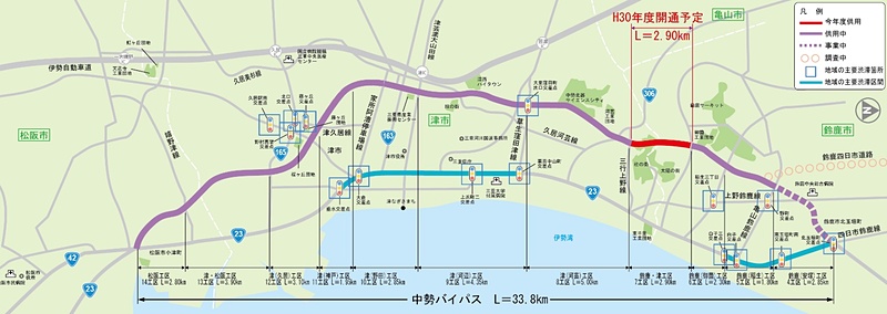 延長33.8kmの中勢道路。鈴鹿・津工区（7工区）は約2.9km