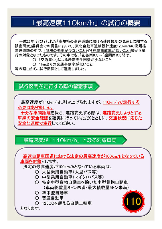 2017年12月1日より規制速度110km/hの試行区間となっている東北自動車道 花巻南IC～盛岡南IC