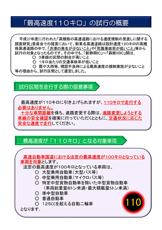 2017年11月1日より規制速度110km/hの試行区間となっている新東名高速道路 新静岡IC～森掛川IC