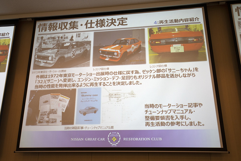 作業に入る前に情報収集と仕様の決定という作業があった。東京モーターショー出展時と座間記念庫にあった状態ではゼッケン部のデザインが異なっていた。エンジン、トランスミッション、足まわりは当時の部品を最大限使って走行できる状態にすることに決まった