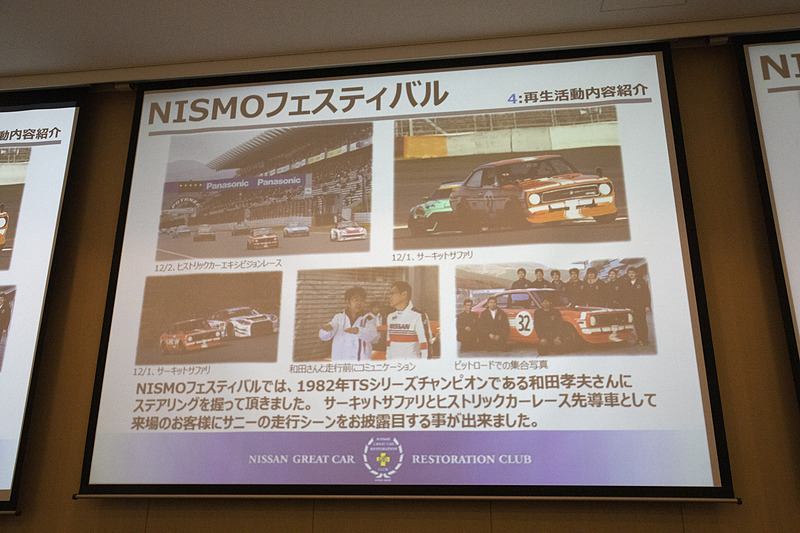 12月1日の「サーキットサファリ」で初めて10周ほどの連続走行を行なった。ドライバーは和田孝夫氏が担当。この時代のクルマの乗り方を熟知しているので、扱いにくいトランスミッションながら1度もギヤ鳴りさせず、非常にクルマを労りながら操っていたとのこと