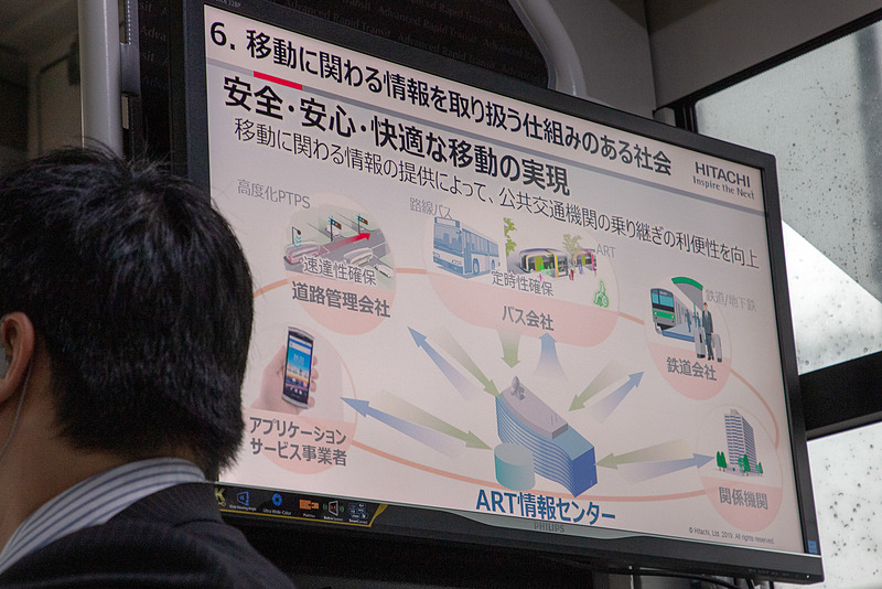 こちらは日立が開発しているバス情報サービスの紹介。報道向け試乗が行なわれている車内で流れていたスライドだ
