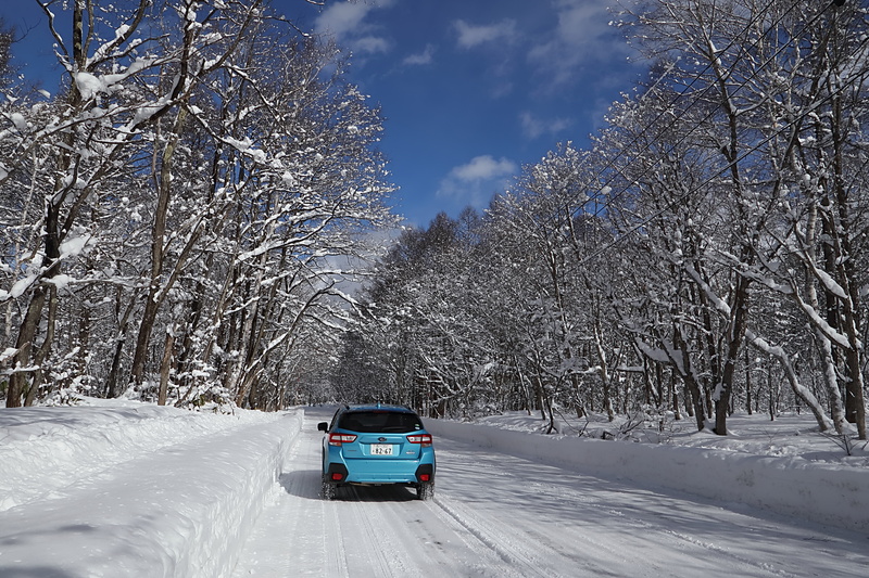 青空の下、Advance専用色「ラグーンブルー・パール」が白い雪道に映える