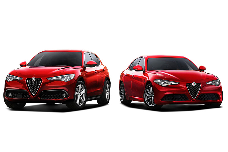 新開発の直列4気筒 2.2リッター直噴ターボディーゼルエンジンを搭載して2月18日に発表された「ステルヴィオ」（左）と「ジュリア」（右）