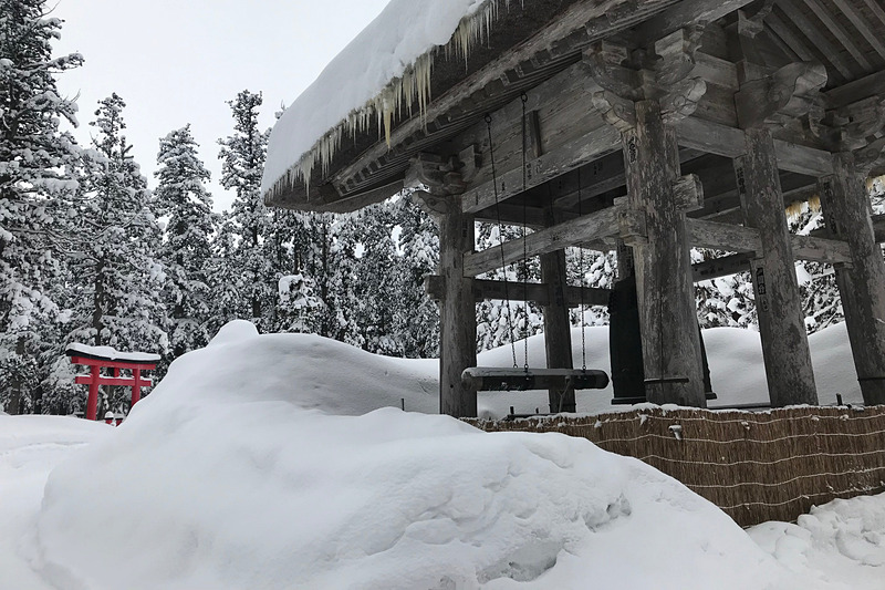出羽三山神社は真っ白な雪に包まれていて、五重塔の見学は残念ながら諦めた