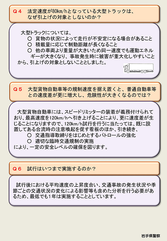東北道 花巻南IC～盛岡南ICにおける規制速度120km/h試行に関するQ＆Aを紹介する岩手県警察本部の資料