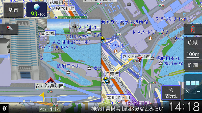 2画面表示はサブウィンドウのサイズを2パターン用意。それぞれに縮尺や2D/3Dを設定できる
