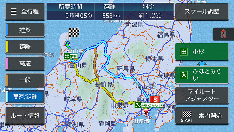 高速と距離を優先したルート