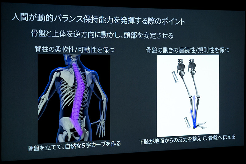 マツダがシート開発にかける想いが伝わるスライドがこちら。人間の骨格から身体能力を研究し、そこで得た結果を開発に活用している