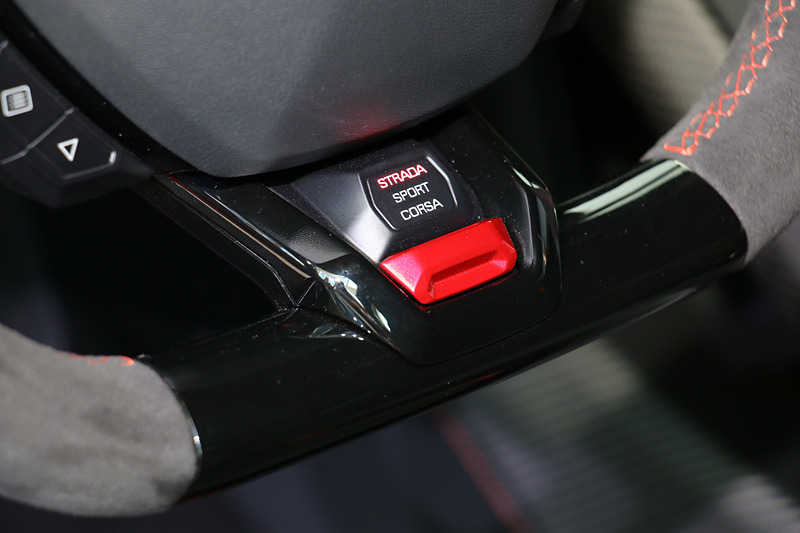 バックスキンタイプのレザー表皮を採用するステアリングは、大きなパドルシフトに加え、ANIMAのモード変更を行なうスイッチを下側スポークに配置する