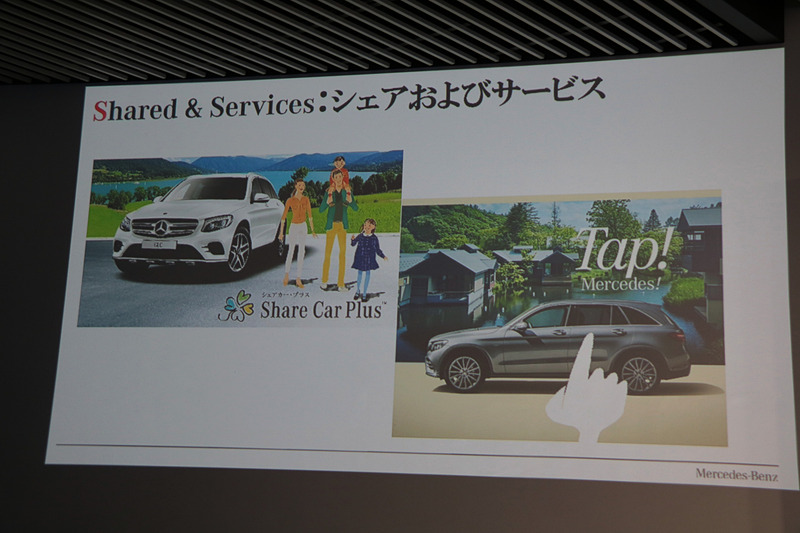 ダイムラーの中長期戦略「CASE」について解説する、メルセデス・ベンツ日本の上野氏のプレゼンテーションスライド