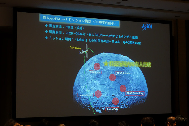 若田氏のプレゼン資料。“TEAM JAPAN”で行なう国際宇宙探査ミッションでは、5か所で有人与圧ローバを用いながら有人走行による探査を行ない、それ以外の場所では自動運転機能を使って1万kmの月面走行を目指す