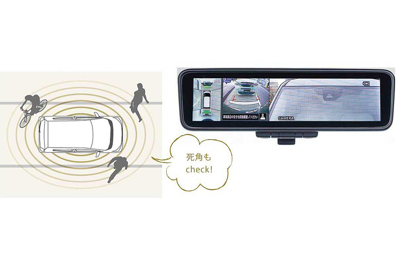 軽自動車初となる「デジタルルームミラー」（オプション）は、移動物検知機能を備えた「マルチアラウンドモニター」としても利用可能
