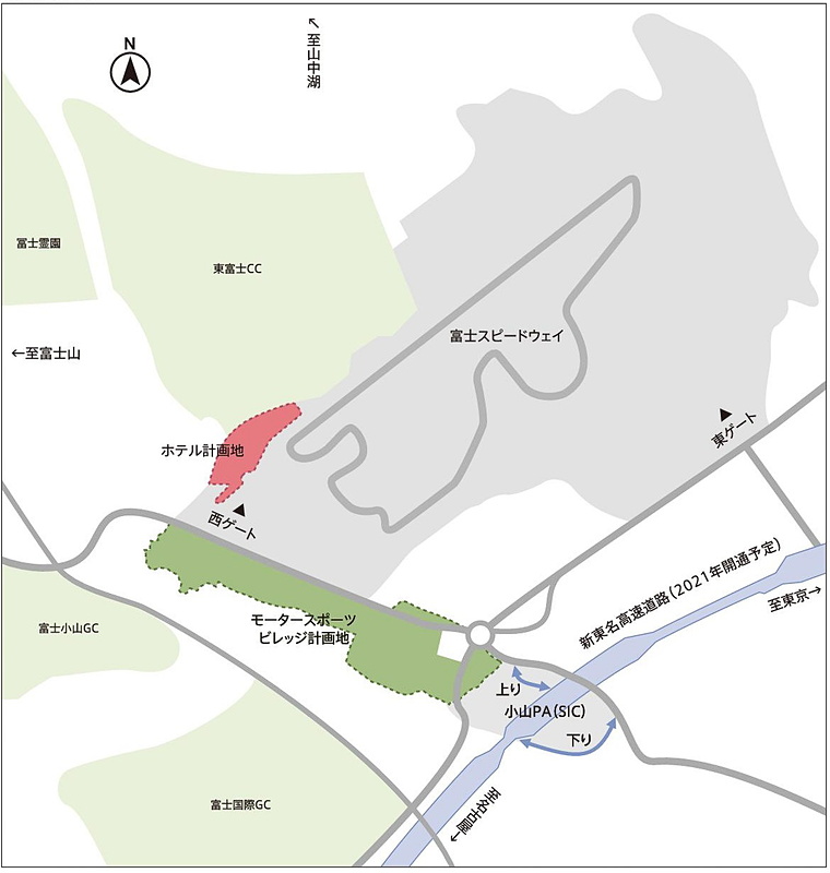赤いエリアがホテル計画地。富士スピードウェイの敷地内で、新設される新東名 小山スマートICからも近い立地となる