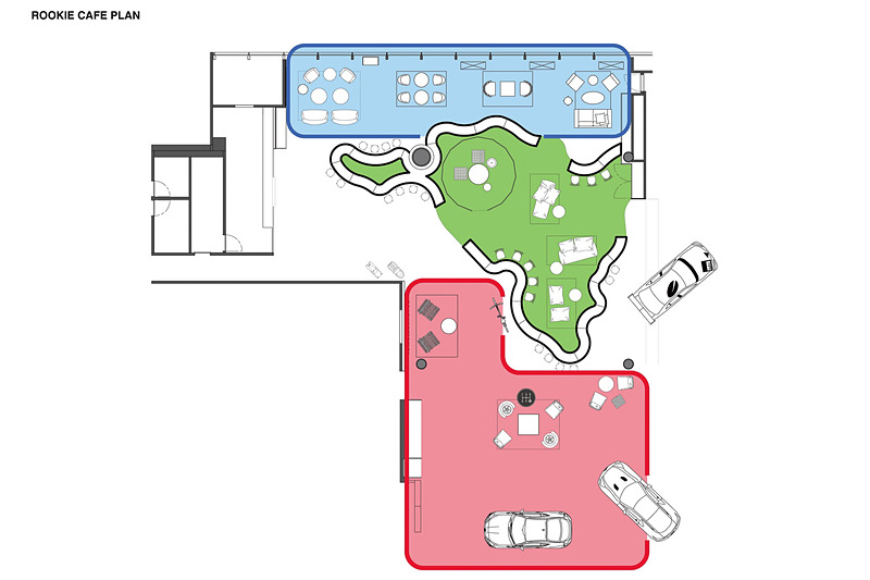 リニューアル後のルーキーカフェは「赤」「緑」「青」の3つのエリアを新設