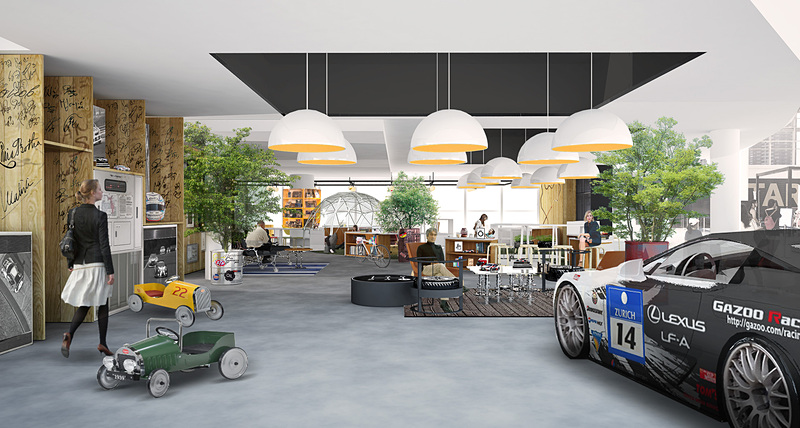 赤のエリアはレースマシンなどを展示