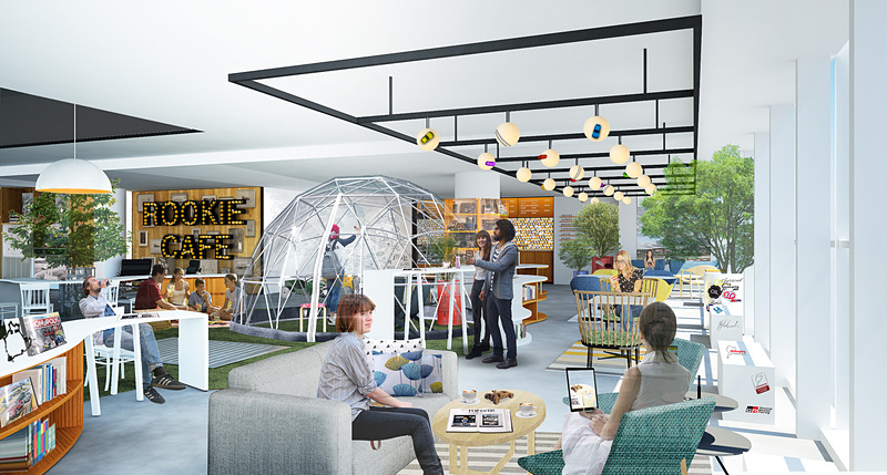 青のエリアは明るいくつろぎの空間