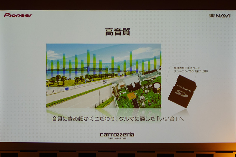 高音質に関する説明はこのスライドのみ。しかしながら、OSコンらしきものが基板に実装されていたり、オーディオグレードのコンデンサを見ることができる。詳細は不明