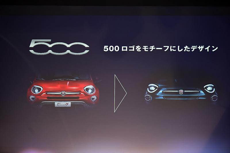 新型500Xのエクステリアでは「500」のロゴをモチーフにした新デザインのLEDヘッドライトなどを採用