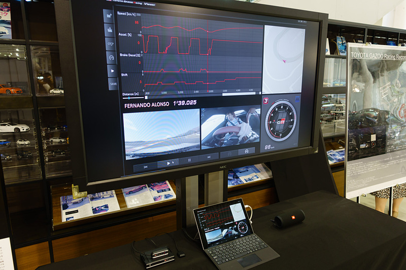 「GAZOO Racing Data Viewer」。アロンソ選手のドライビングロガーを再生中。アクセル、ブレーキともに思い切りのよい操作が印象的。下段には2つの映像が再生されている