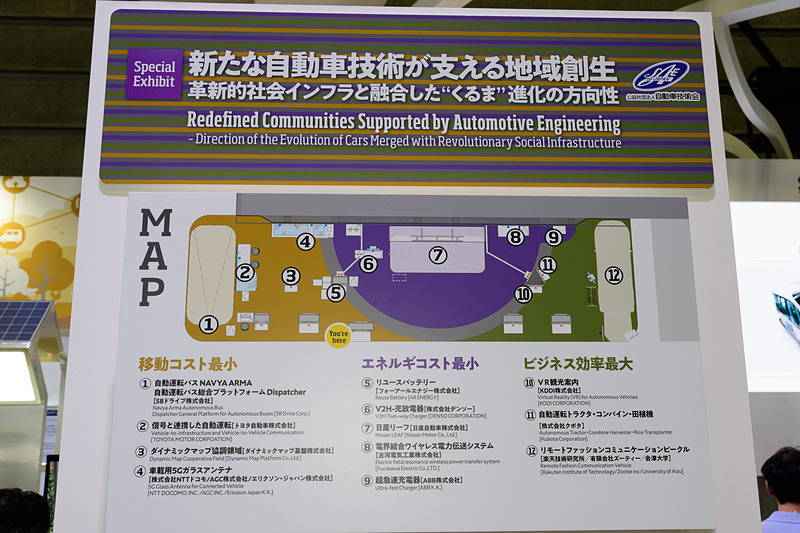 自動車技術会の企画コーナー。さまざまな業種の会社が展示を行なっている