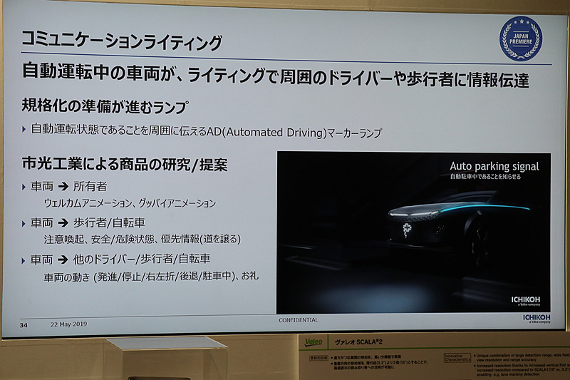 LEDの発光でボディに図形などを表示するほか、道路上に矢印などを投影してさまざまな意思表示を行なう