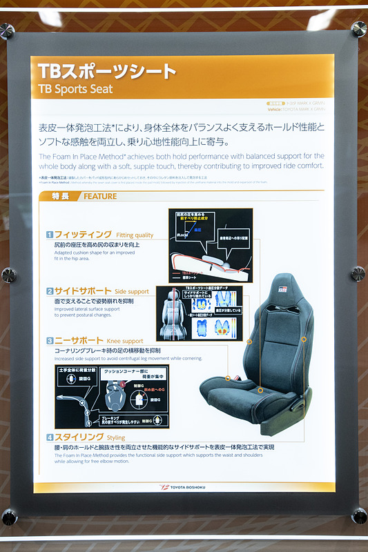 表皮一体発泡工法を採用したスポーツシート。GR系のカスタマイズモデルのほか、レクサス系のスポーツモデルにも採用されている。ただ、残念なことに市販化は未定