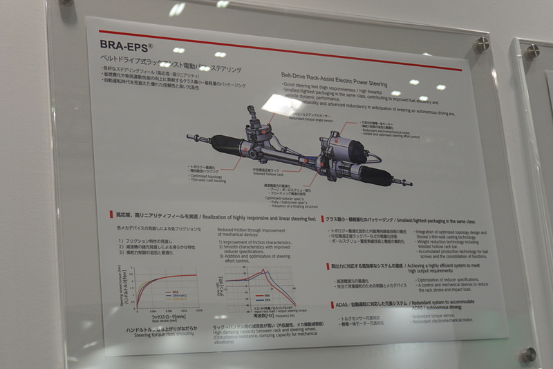 ピニオン式とは異なるベルトドライブを用いた「BRA-EPS（ベルトドライブ式ラックアシスト電動パワーステアリング）」。自動運転車両では、電動パワーステアリングの高出力化や高度な信頼性と冗長性、省燃費化、低騒音化などが求められる。BRA-EPSは、ベルト駆動とボールスクリューを組み合わせることで高出力化を実現している